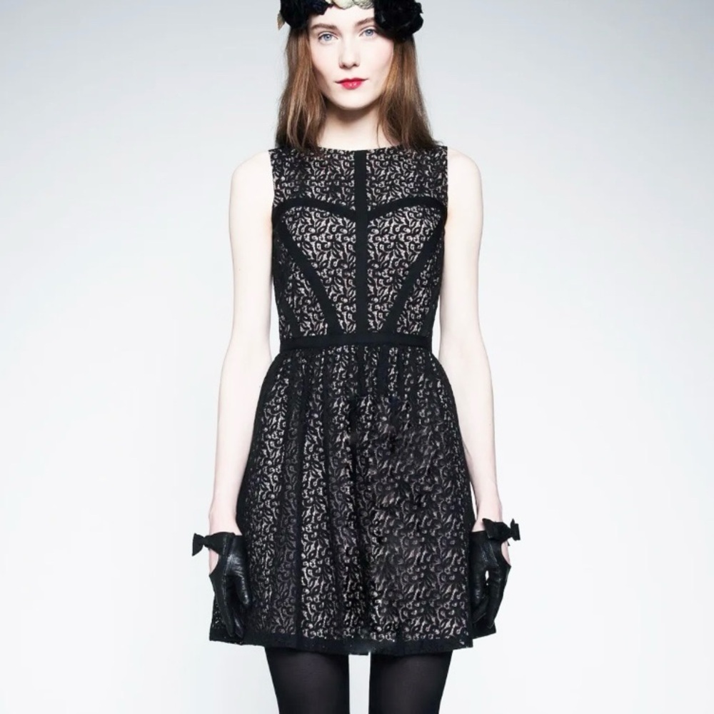 Erin Fetherston Black Lace Pink Fit Flare Mini Cocktail Dress 8 sleeveless party